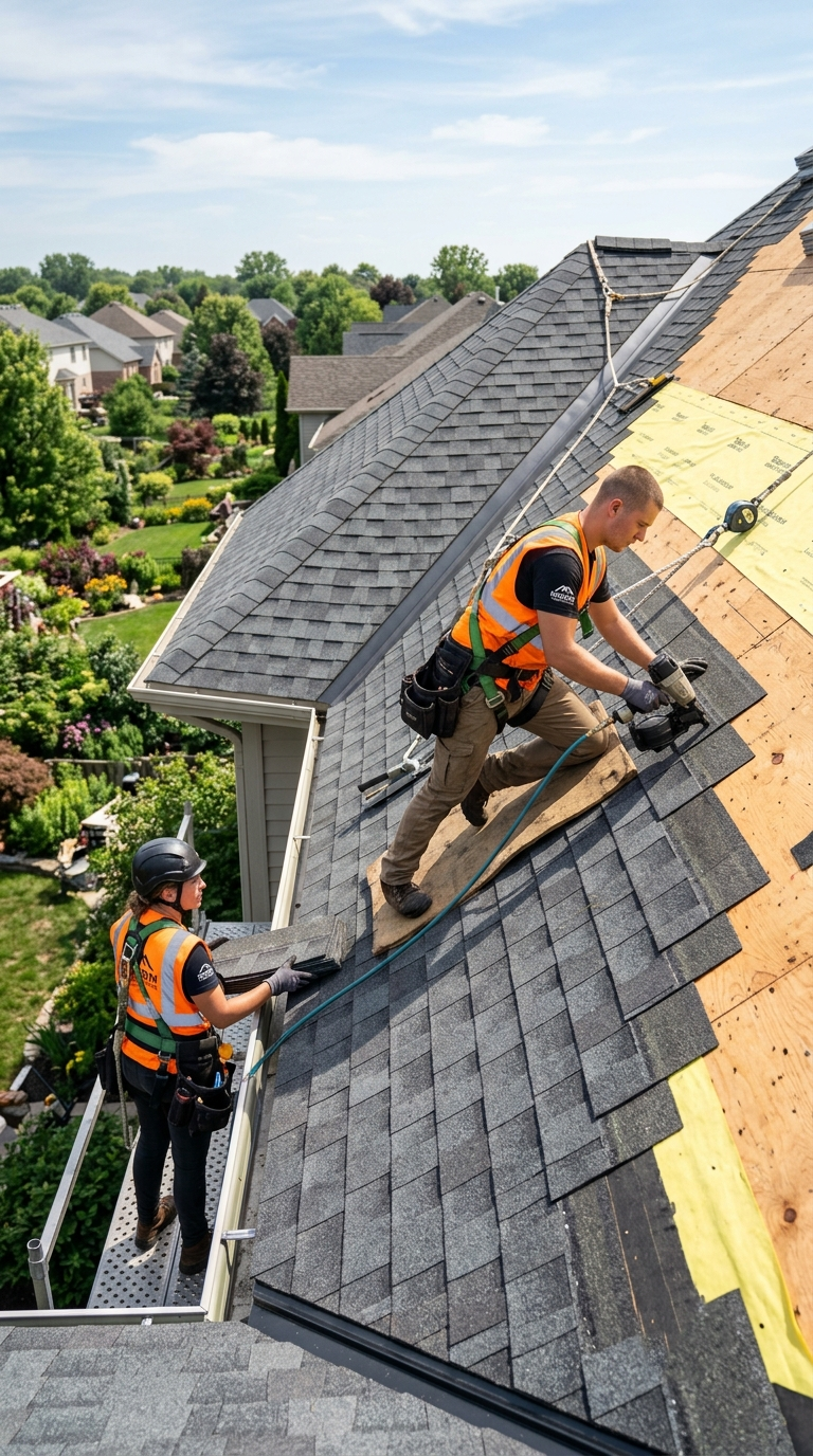 Roofer nailing new shingles during a tear-off replacement