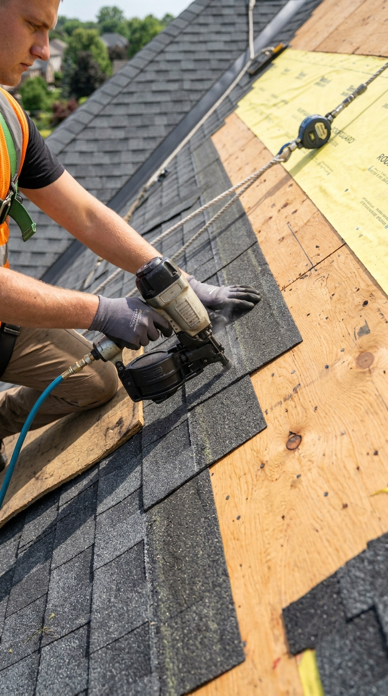 Close-up of new shingle installation during a Denver roof replacement